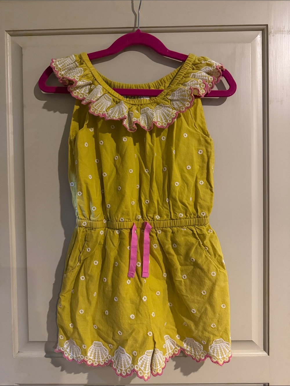 Mini Boden Yellow Eyelet Romper with Pink Trim